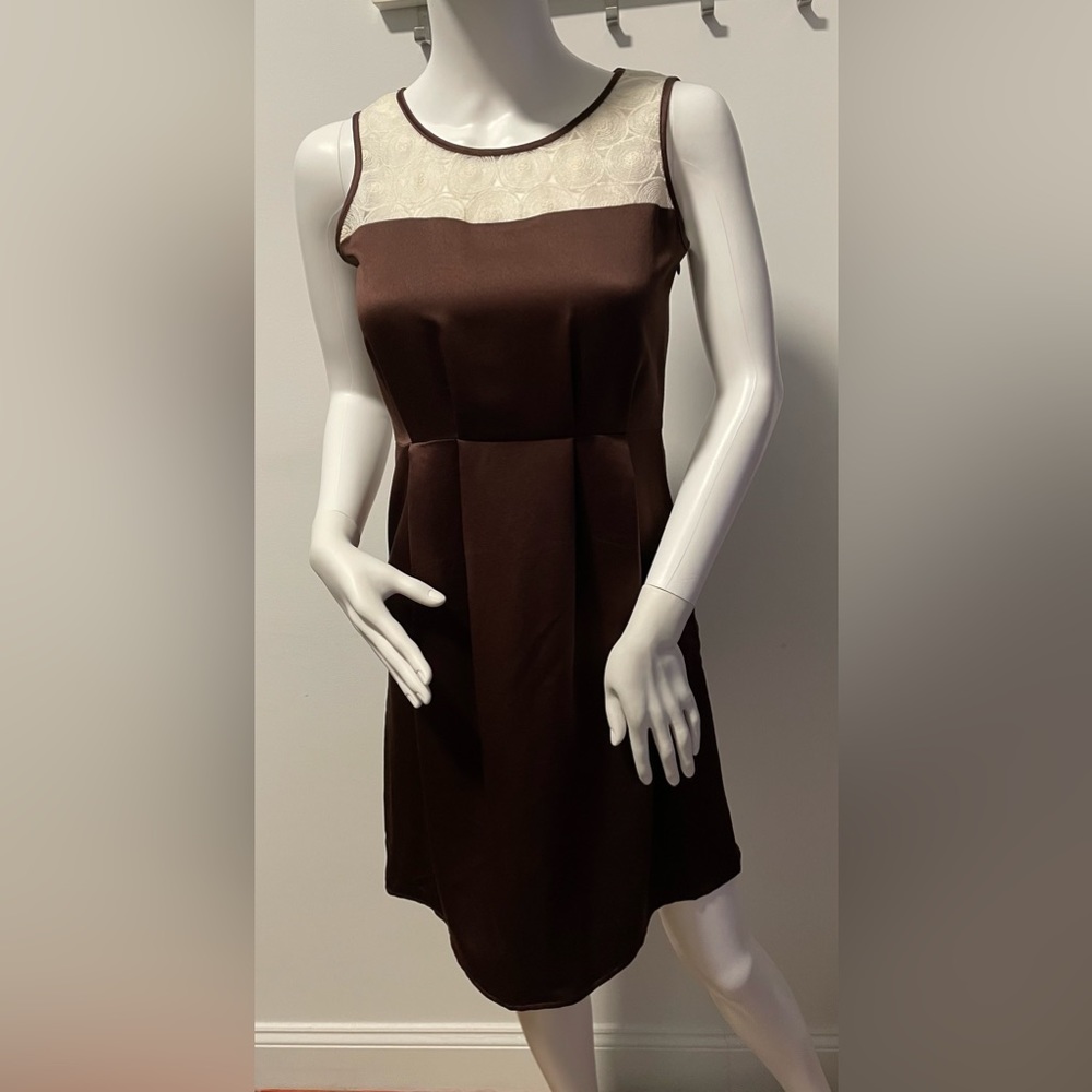 Short, chocolate-brown colored dress with cream colored detailing. Size Small.